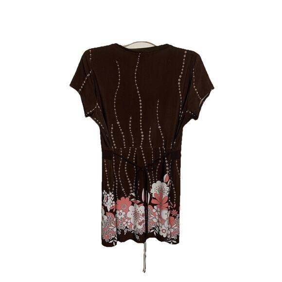 Suzie Couture Y2k Top L Floral Boho Tie Back Retro Coquette Tunic Brown Pink - Picture 2 of 6